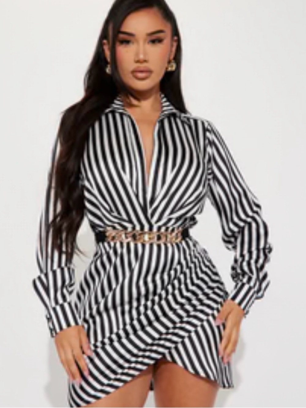 Fashion Nova & White Striped Long Sleeve Wrap Dress, NEW